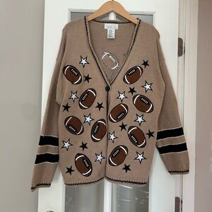Vintage Brown Football Sports Embroidered White Stars Button Front Cardigan L